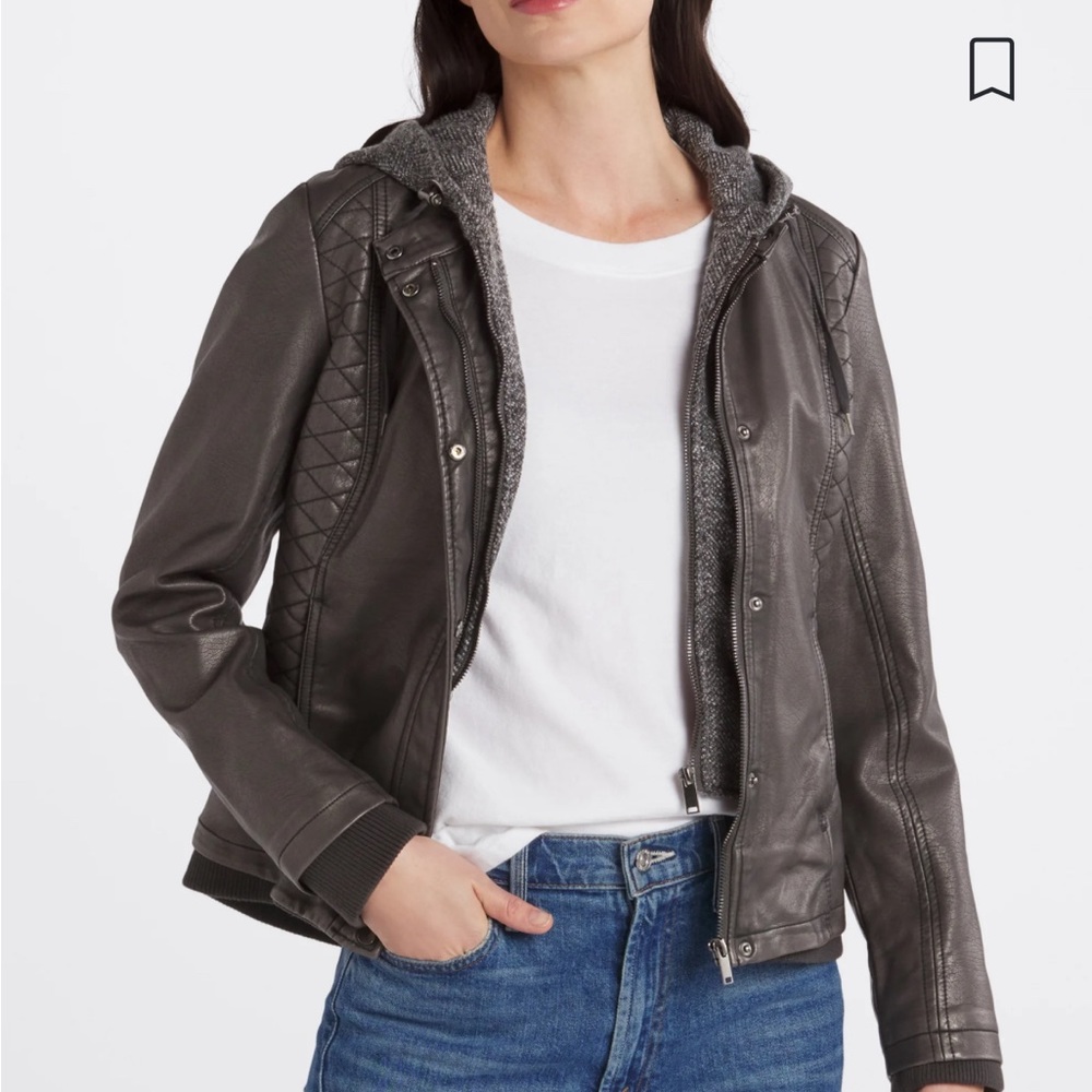 Faux Leather Jacket with tweed hood and double zipper size small